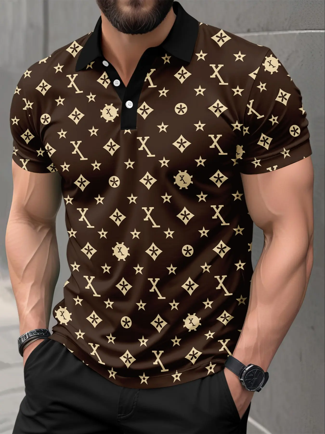 Men's 3D All-Over Gold Vintage Logo Print Polo Shirts, Streetwear Collared, Lightweight Comfortable Fitted Polos for Casual Daily Wear, Printed Polo Tops, Menswear