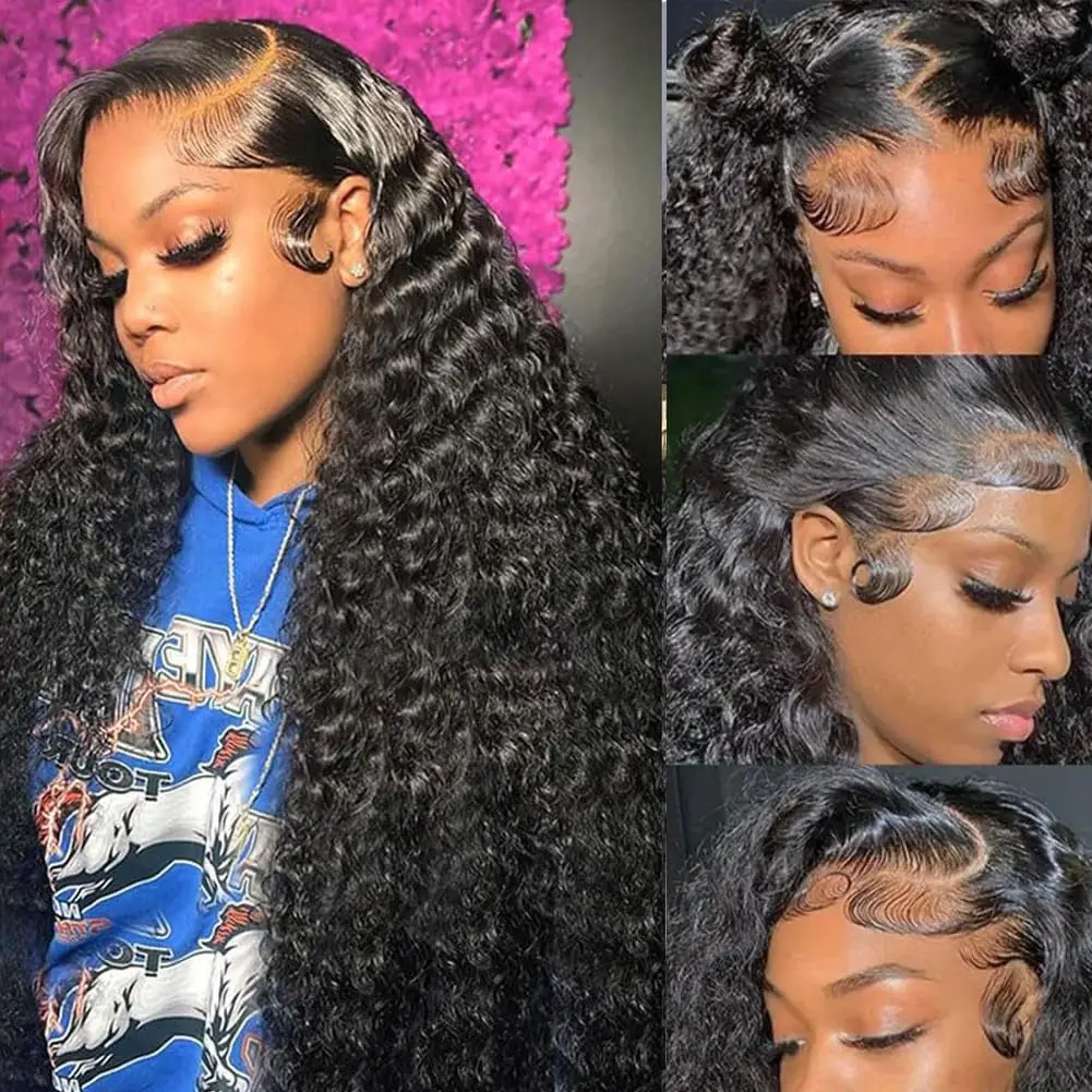 Deep Wave 13x6 Lace Front Wigs Human Hair 180% Density Water Wave Lace Frontal Wigs Brazilian Deep  Wave Glueless Wigs Natural Hairline HD Translucent Kinky Curly Human Hair Wigs for Black Women Natural Color