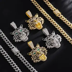 Punk Hip Hop Iced Out Crystal Tiger Pendant Necklace Chunky Miami Cuban Link Chain Necklace Zircon Choker For Women Men Jewelry