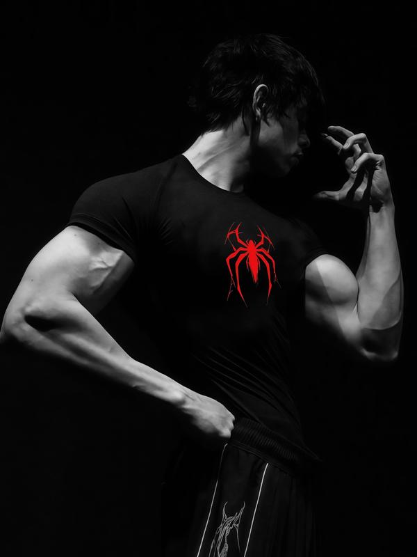 Men’s 2 Pack Gothic Workout T-Shirts, Cool Print Design, Stretch Fit Compression Shirts for Intense Training, Polyester Blend, Black White Set, Ideal for Gym, Strength Training, Streetwear & Casual Wear