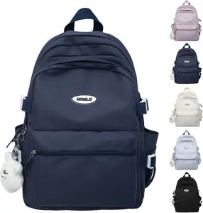 Kawaii Backpack with Cute Accessories Casual Aesthetic Daypack Simple Laptop Bag  Travel Rucksack for Women (dark blue)