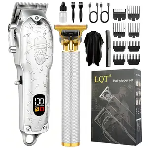 Rechargeable Metal Hair Clippers for Men, Cordless Barber Clipper & Trimmer Set, LED Display with Guide Combs, Zero Gap T-Blade Beard Trimmer, Perfect Gifts for Men