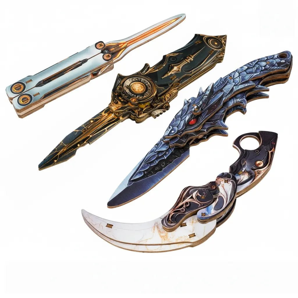DIY 3D Wooden Knife Prop Kit with 4 Styles (4 Designs), Wooden Parts Mechanical Puzzle Assembly Toy, STEM Craft Desktop Collectible Gift for Hobbyists, Four Designs