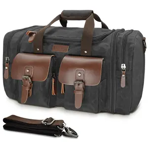 Wildroad Duffle Bag for men Waterproof Waxed Canvas Genuine Leather Travel Bag Weekender Overnight Bag Vintage Travel Hand Bag Carry on Large Capacity Lightweight Personalized Portable Ideal Gift Mega Expandable quality essential trip Spacious Duffel Bag