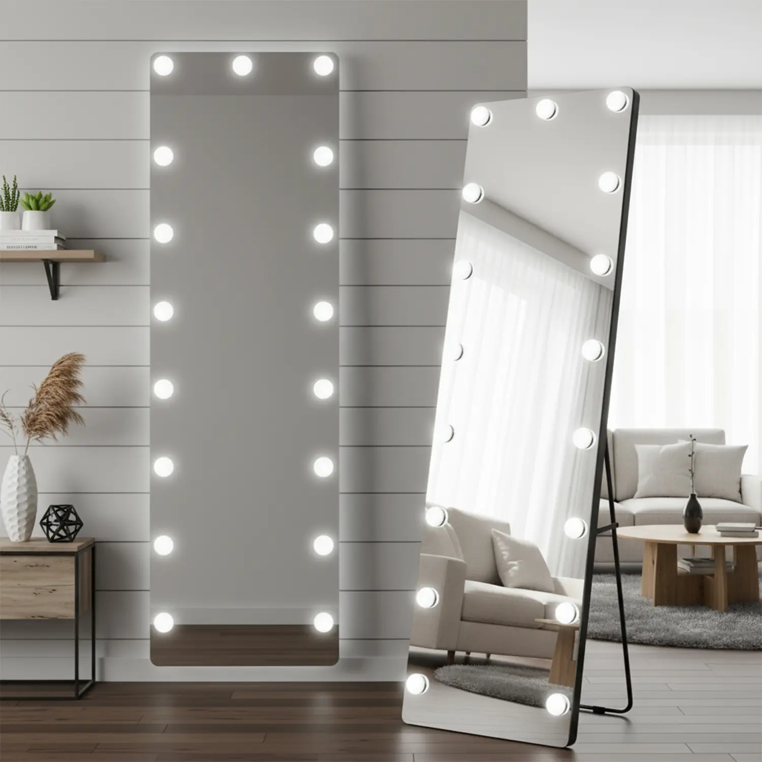 Spaco White 56''x18'' Modern Metal Wall LED Lighted Rectangle Mirror - Hollywood-Style Dual-Functional Frame Long Fancy Floor Vanity Mirror for Home Decor, Dressing, Frame Floor Mirrors