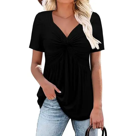 Womens V Neck Shirts Short Sleeve Tops Front Knotted T Shirt Casual Solid&Floral Tunic Summer Henley Tees Blouse