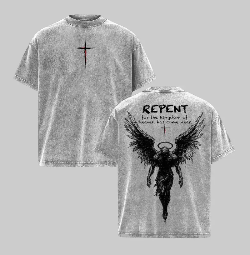 Repent Vintage Washed Oversized Christian T-Shirt, Angel Wings Faith Graphic Tee 'Kingdom of Heaven Has Come Near' Gospel Streetwear Top,Heavy Contton Unisex Retro WashedShirt