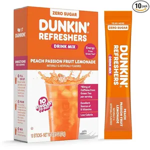Dunkin’ Zero Sugar Refreshers Singles To Go! Powdered drink mix packets, Peach Passionfruit Lemonade,10 packets per box Energy from Green Tea, aspartame-free, no synthetic colors, naturally and artificially flavored, just add water