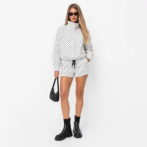 NOREVIENNE Women's Polka Dot 2 Piece Set, Stand Collar Long Sleeve Cropped Jacket & Polka Dot Shorts Matching Set, Casual Spring Summer Outfit Set for Women