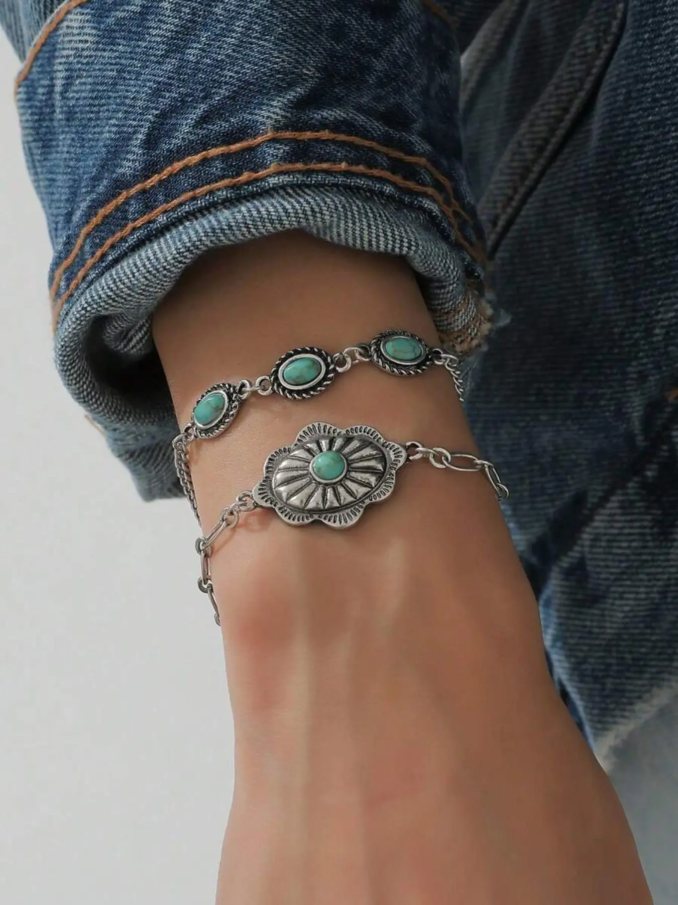 Western Cowboy Vintage Ethnic Turquoise Metal Exquisite High Quality Bracelet Set, Perfect Gift for Women, Daily Wear, Boho Style, All Seasons