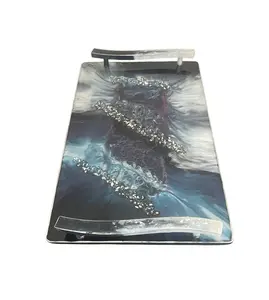 Handcrafted 3D Decorative Resin Serving Tray with Color-Changing Design, 14 x 9 Inches, Sturdy Handles, Suitable for Coffee and Snacks - Plates Stylish Small