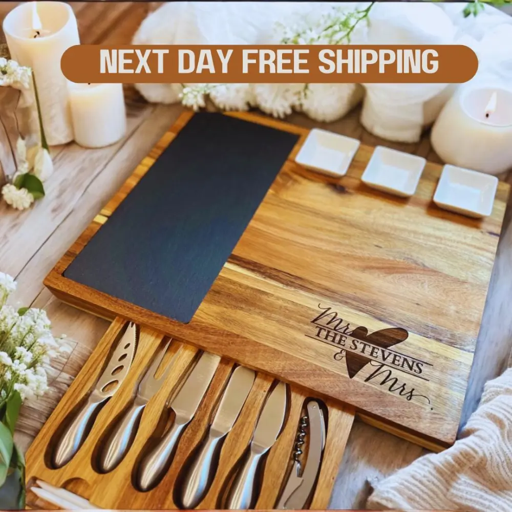 Laser Engraved Personalized 17 In Wood Slate Charcuterie Board Set, 17-Piece Ceramic Cheese Serving Set with Stainless Steel Cheese Knives - Modern Kitchenware for Weddings, Bridal Showers