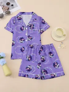 Girls' Short-Sleeve & Short Pajama Set: Dreamy purple with 2D anime girl print, lapel cardigan loungewear. This casual 2-piece kids' homewear with Breathability, Cartoon Print Pajama, is crafted from bubble crinkle fabric—soft and skin-friendly.
