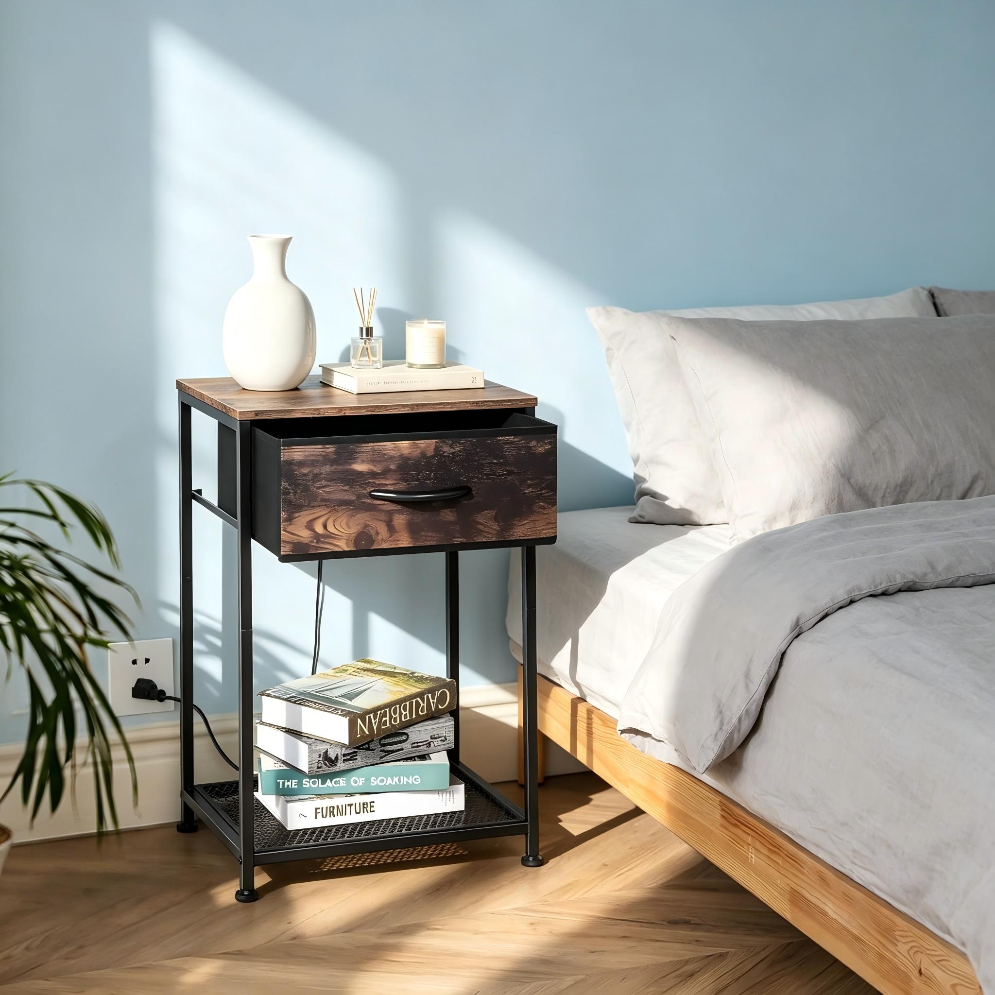 2-Piece Farmhouse Industrial Rustic Brown Bedroom End Tables with Charging Station, Fabric Drawers, 3-Tier Storage Table - Stable on Space-Saving Home Organizer for Bedroom, Apartment Decor 2-Piece Farmhouse Industrial Rustic Brown Bedroom End Tables with Charging Station, Fabric Drawers, 3-Tier Storage Table - Stable on Space-Saving Home Organizer for Bedroom, Apartment Decor
