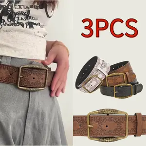 3-Piece Adjustable Vintage Western Cowboy Belt for Women, Jeans Style Engraved Buckle, Perfect for Jeans, Pants, Dresses