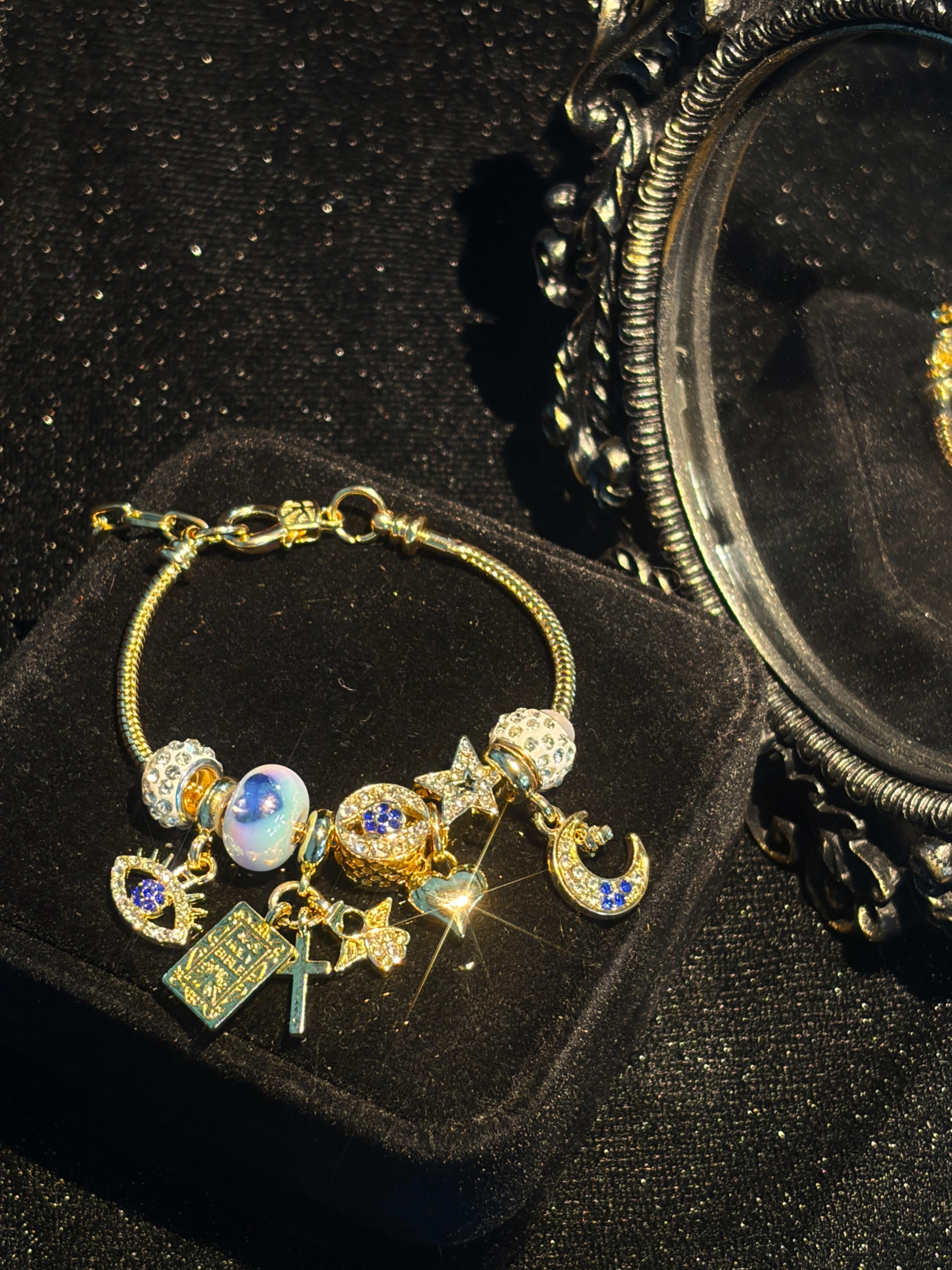 Women Warm Gold Beaded Snake Chain Bracelet, Moon Star Evil Eye Cross Tarot Card Pendants Shiny Rhinestone Gradient Glass Beads Adjustable Wrist Ornament, Mystical Fashion Present for Ladies Women Warm Gold Beaded Snake Chain Bracelet, Moon Star Evil Eye Cross Tarot Card Pendants Shiny Rhinestone Gradient Glass Beads Adjustable Wrist Ornament, Mystical Fashion Present for Ladies