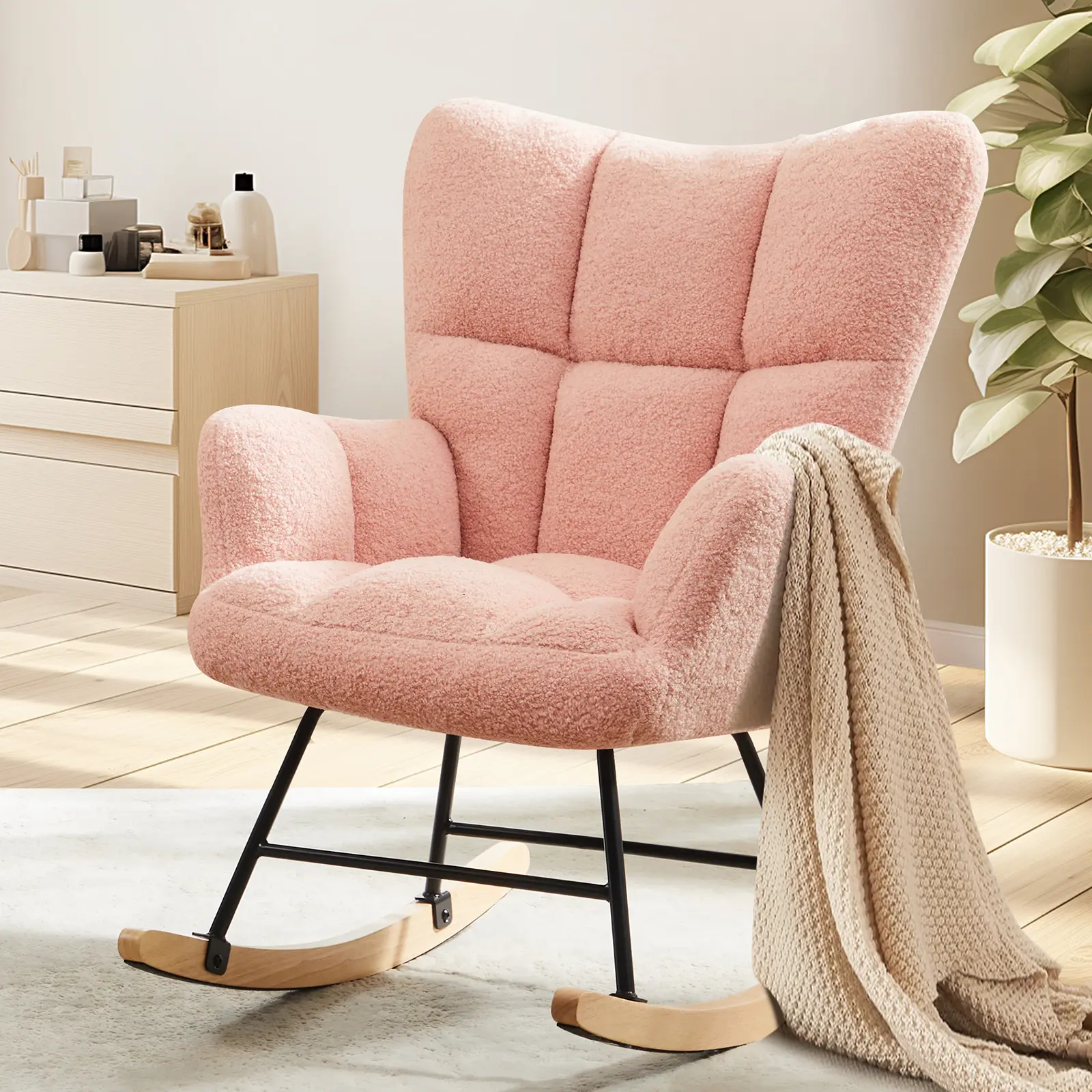FurniChic Haven Teddy Upholstered Glider Rocker with High Backrest, Modern Rocking Accent Chair, Glider Recliner for Living Room, Nursery, Bedroom Furniture Lounge