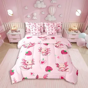 Pink Axolotl Bed in A Bag,Cute Axolotl Strawberry Printed Bedding Set,Kawaii Aesthetic Ocean Animal Comforter Sets