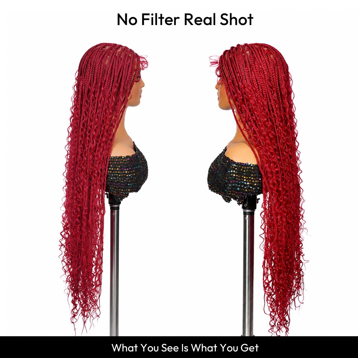 36-Inch Red Boho Knotless Box Braided Wig, Full Lace Wavy Braids, Glue ...