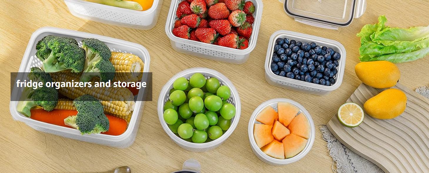 Fruit and Vegetable Organizer, 8-pack Double DrainerFruit & Vegetable Storage Box,,Kitchen Accessories Storage Organizer, Household Essentials Durable