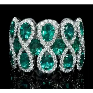 Emerald Green & White Pear Weave Silver Wide Band Ring