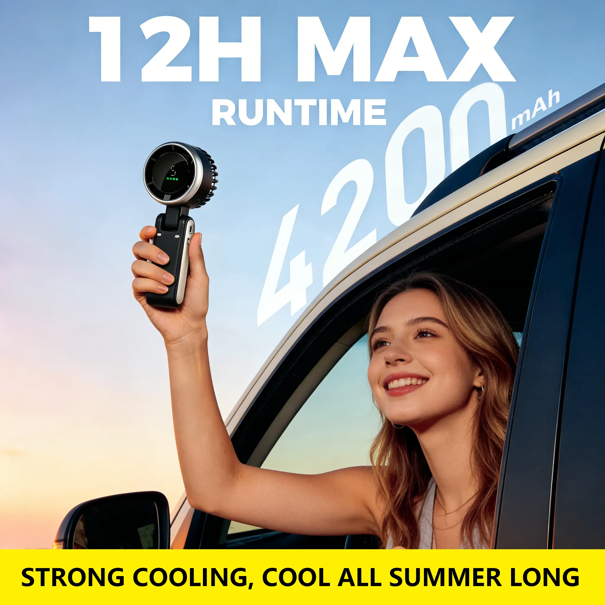 2026 New 3-in-1 Portable Handheld Turbo Fan with Turbo Air Tech, 5 Speed Levels, Up to 6 Hours Runtime, USB Rechargeable Cooling Fan for Outdoor, Office Use, Portable Handheld Fan