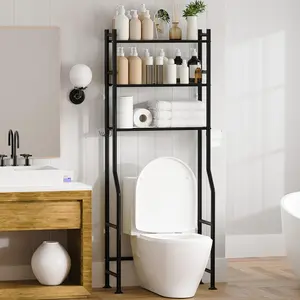 3-Tier Over Toilet Storage with Safety System - 150lb Total Capacity Metal Bathroom Shelves Including Paper Holder & 4 Hooks, Space Saving Above Commode Organizer (64" H, Black)