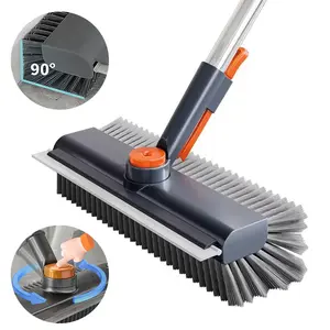 3in1 Long Handle Floor Scrub Brush Heavy Duty Stiff Bristle with Squeegee Tweezer for Tile Wall Deck Bathroom Patio Garage Kitchen Cleaning Adjustable
