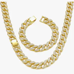 Gold Iced Out Diamond Cuban Link Chain and Bracelet Set for Men &  Women