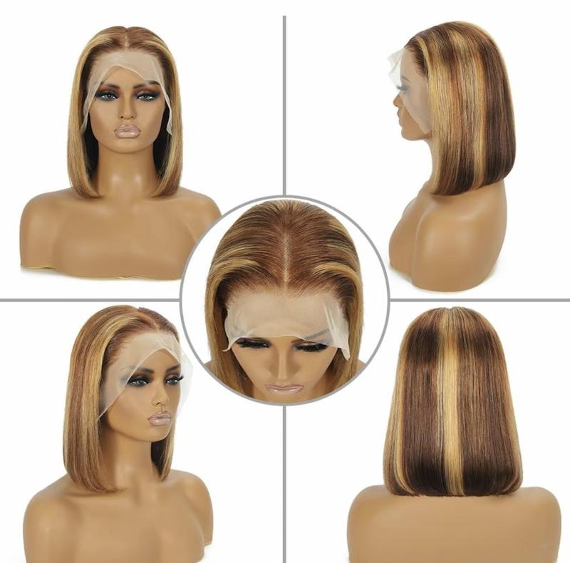Highlight Lace Front Bob Wig Human Hair 14 Inch Ombre Honey Blonde 13x4 Hd Lace Front Wigs Human Hair Pre Plucked Middle Part 4/27 Colored Lace Frontal Wigs(14 Inch, 4/27 Highlight)