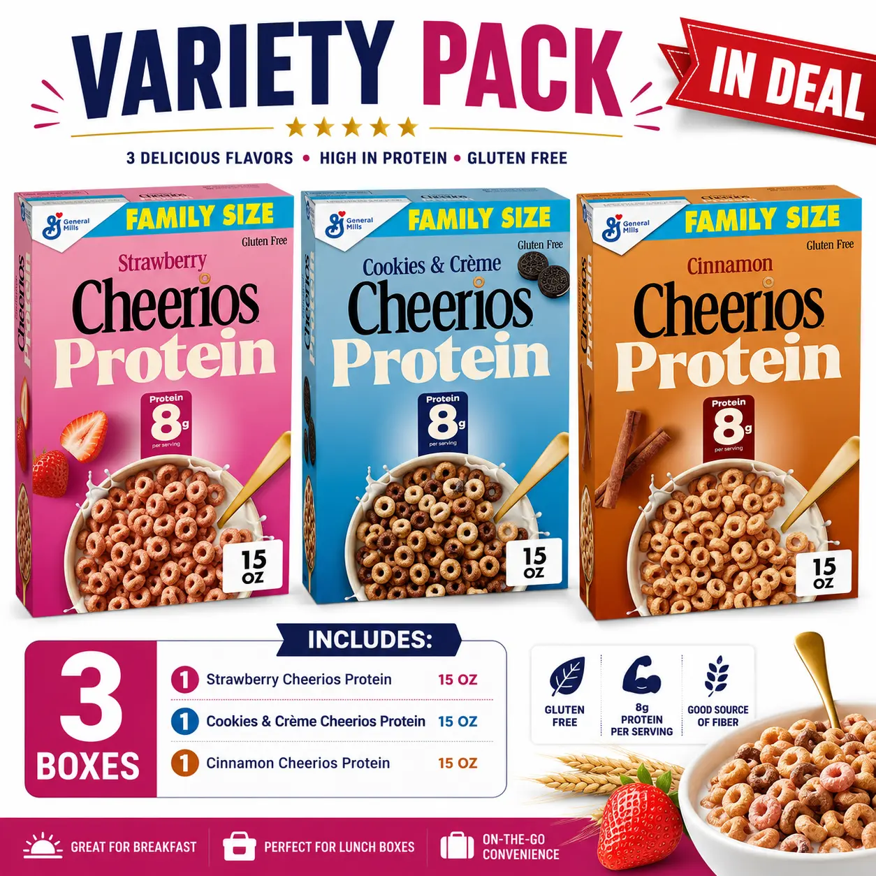 Cheerios Protein Family Size Variety Pack, Strawberry, Cookies & Crème & Cinnamon Flavors, 8g Protein, 3 Boxes, 15 oz Each