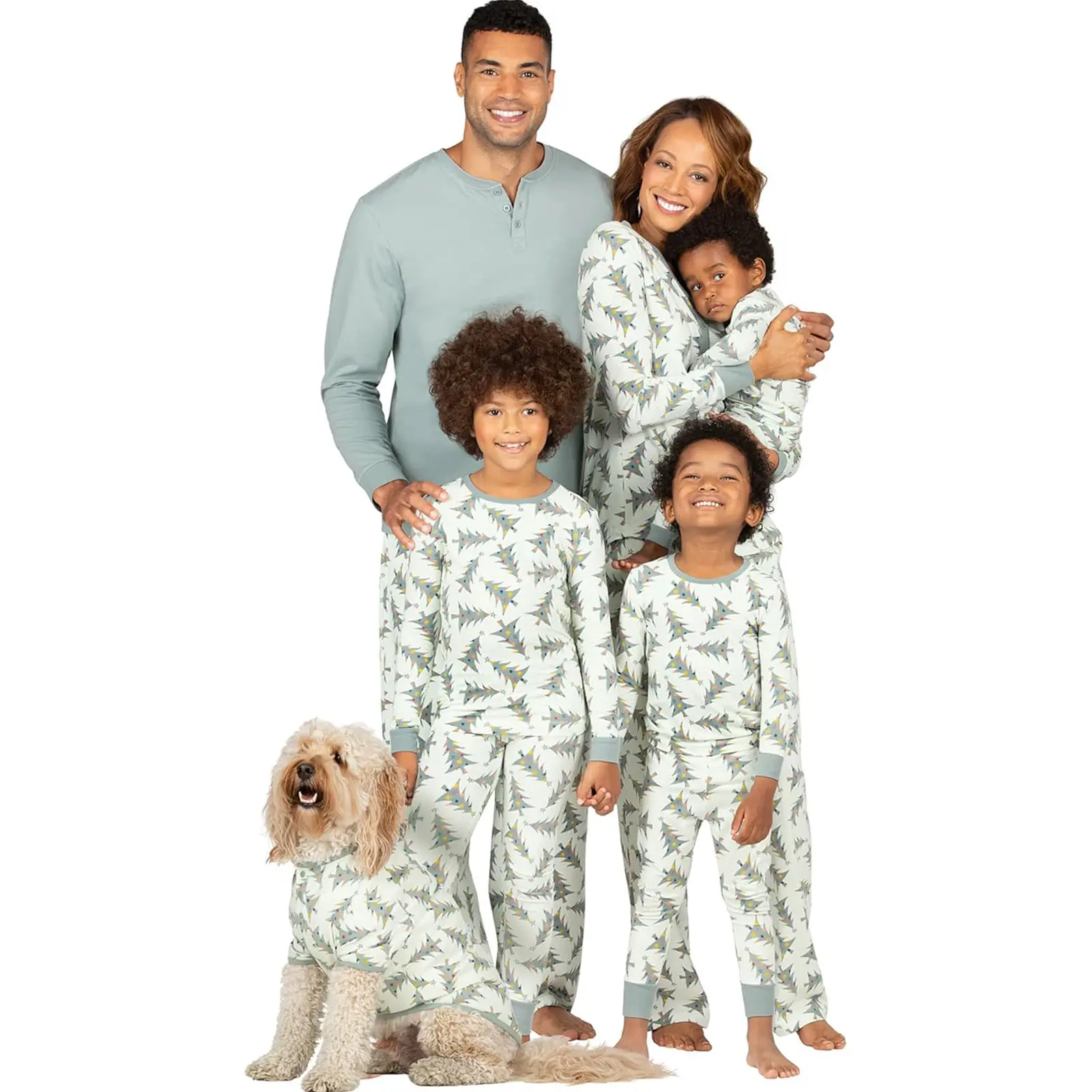 FOCUSNORM Family Matching Christmas Pajamas Two Piece Christmas Tree Print/Solid Long-Sleeved Tops + Trousers/ Jumpsuit/Dog Clothes Holiday Xmas Sleepwear Loungewear