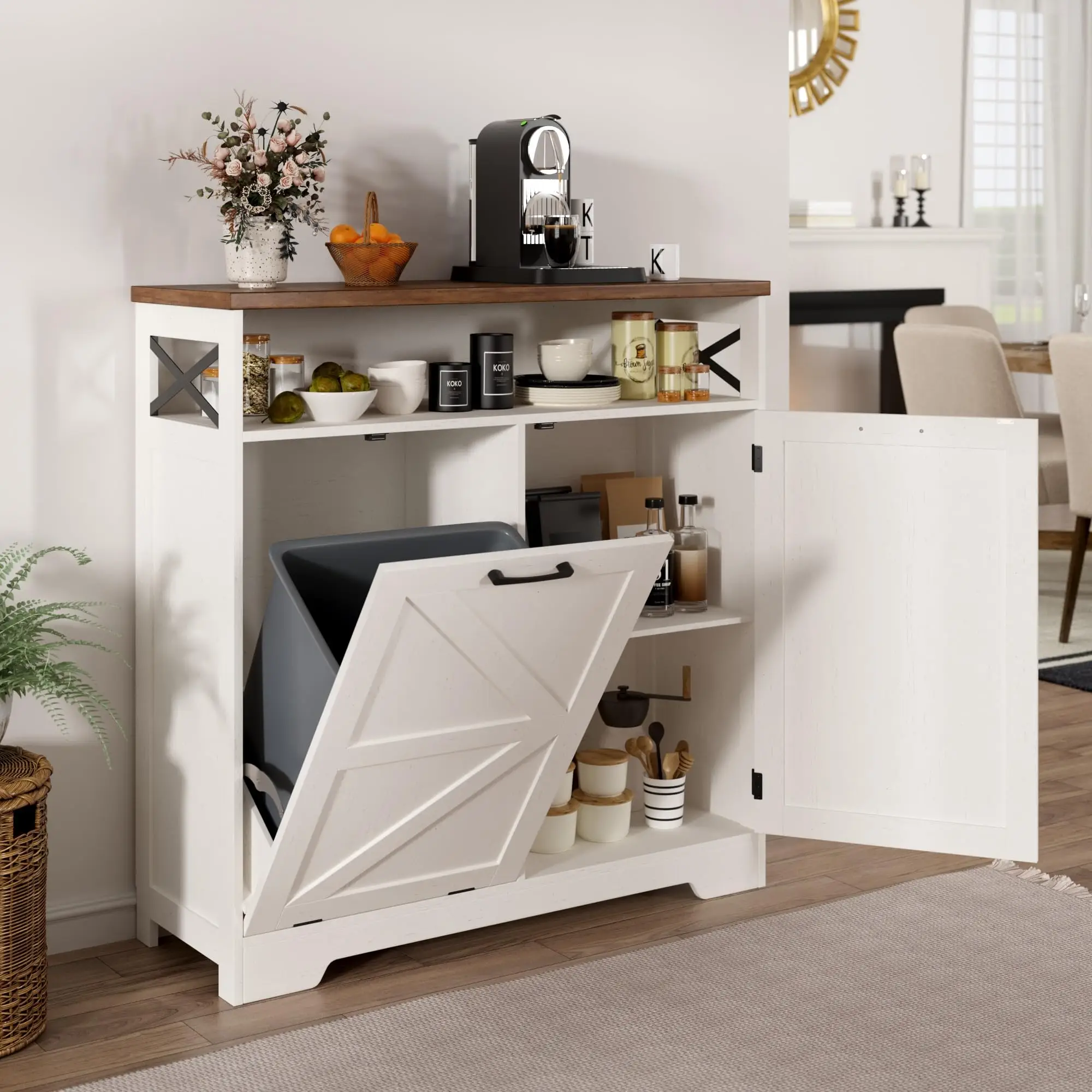 Vabches Tilt Out Trash Can Cabinet for 10 Gallon Trash Can, Farmhouse Kitchen Island Bin Cabinet with Adjustable Shelf for Hidden Laundry Basket, Dual