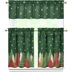 Christmas Kitchen Curtains 3 count Set Short Tier Green Christmas Tree Valances Over Sink for Windows Winter Holiday Cafe Curtain Window   Decor 24 Inch