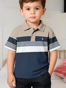New Kids' Trendy Polo Shirt, Slim-Fitting Short Sleeve Casual Top, Summer Shirt, Geometric Pattern, No Button or Zipper, Perfect for Everyday Wear