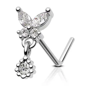 Oufer 20G L Shape Round CZ Dangle Butterfly Nose Stud