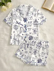 Womens Future Mrs Bride To Be Gift In My Engaged Era Short Sleeve Satin Pajama Set, Pajama Engagement Pajamas for Bride, Satin Pajama Set
