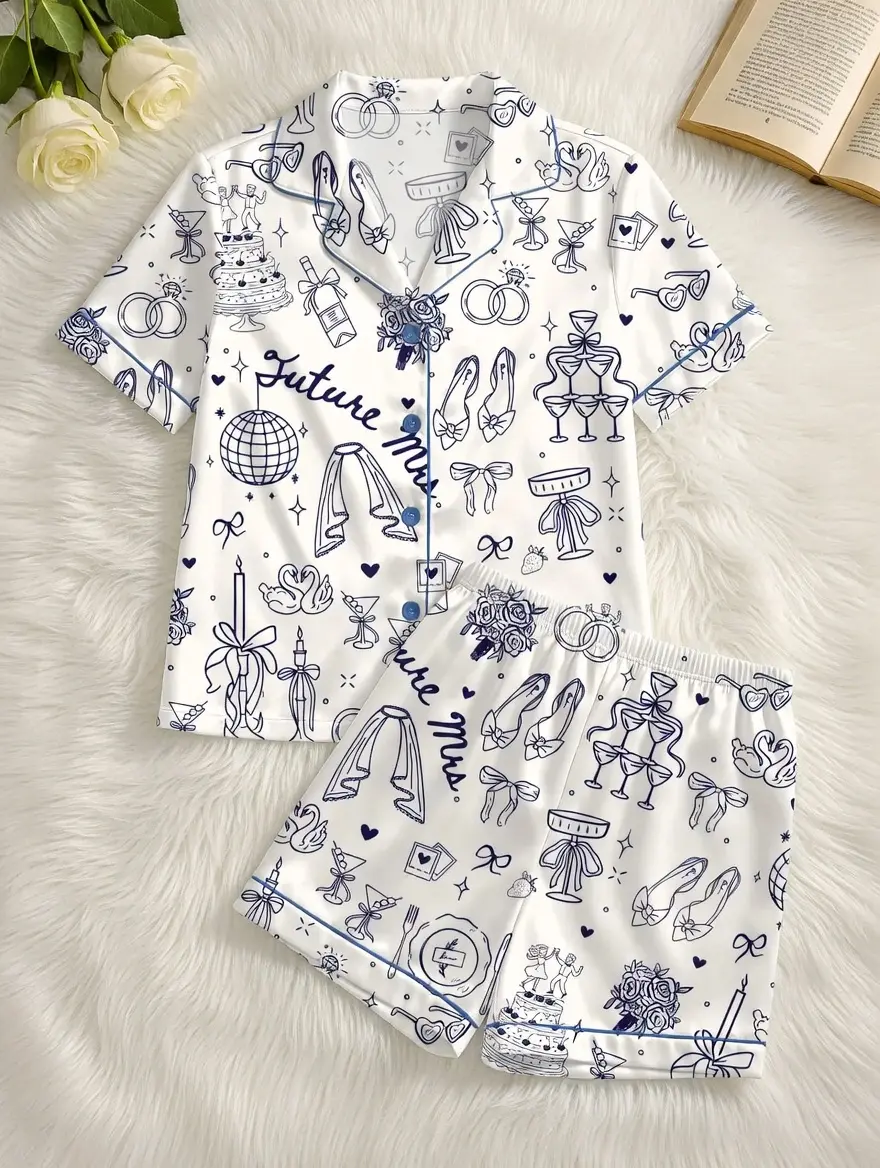 Womens Future Mrs Bride To Be Gift In My Engaged Era Short Sleeve Satin Pajama Set, Pajama Engagement Pajamas for Bride, Satin Pajama Set
