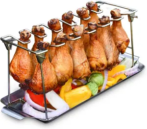 RTT Chicken Leg Rack for Grill with Drip Tray - Easy to Use 12 Slots Chicken Wing Rack - Premium Stainless Steel Chicken Drumstick Rack for Smoker - Chicken Drumstick Holder for Grill Accessories