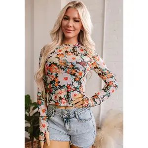 Orange Floral Mesh Slim Long Sleeve Crop Top
