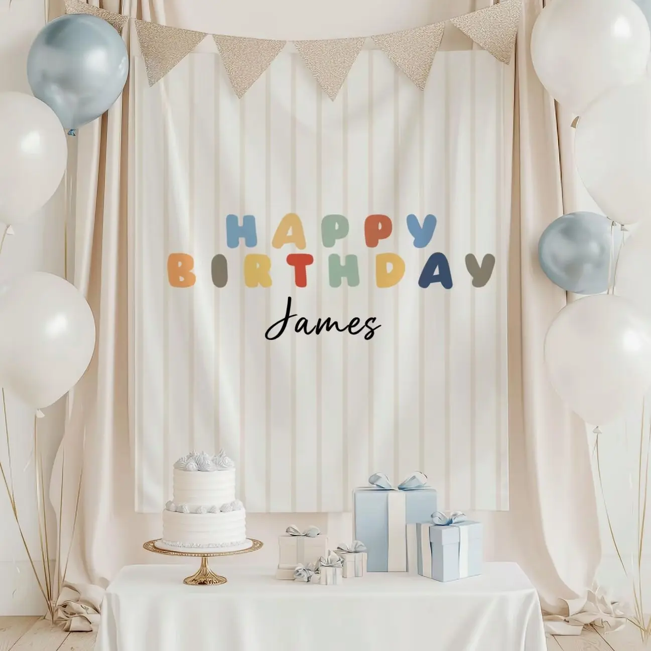 Personalized Birthday Backdrop Happy Birthday Banner First Birthday Boy Party Decor Custom Name Birthday Sign Neutral Kids Birthday Backdrop