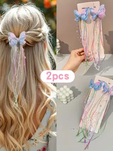 2 Glitter Butterfly Hair Clips with Beaded Fringe, Colorful Hair Accessories for Women, Fairy Princess Decorative Butterflies