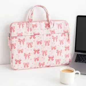 1pc Pink Ribbon Pattern 14-Inch Laptop Sleeve, Quilted Soft Protective Case with Top Handle and Zipper Pocket, Water-Resistant Laptop Bag for Work Study Travel Gift
