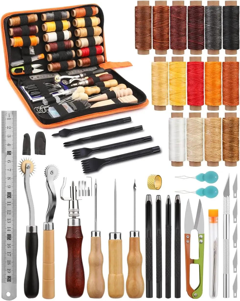 Leather Working Tools, Practical Leather Craft Kit with Waxed Thread Groover Awl Stitching Punch Hole for Leathercraft Beginner or Adults Gifts - Comes with Tool Manual