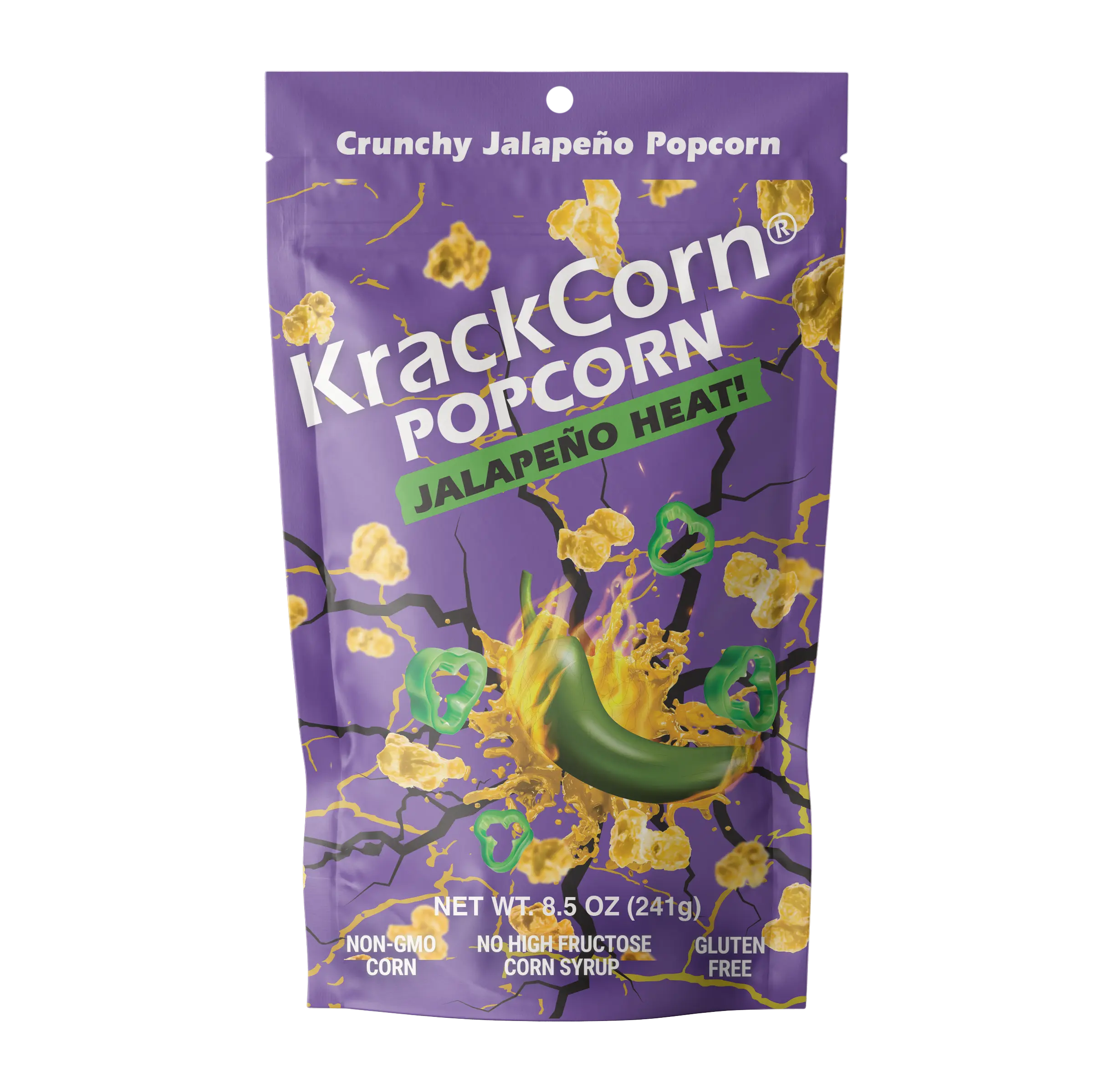 KrackCorn Popcorn Jalapeno Heat! 8.5oz Pack of 1. Unlike Anything You Have Tried Before! Non GMO. Gluten Free. 8.5oz Single Bag. #27