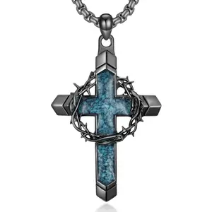 Punk hip-hop style cross necklace for men, featuring a thorn crown cross pendant with a teal/turquoise cross design.Perfect for everyday wear or as a meaningful religious gift for him or her-great for Christmas or any special occasion.