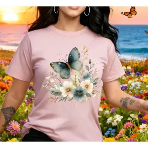 100% cotton short-sleeve round-neck casual women's T-shirt with beautiful butterfly and floral prints, lightweight and soft fabric, gift, birthday present, fashionable and elegant, suitable for travel, vacation, parties, elegant, beautiful, sweet,
