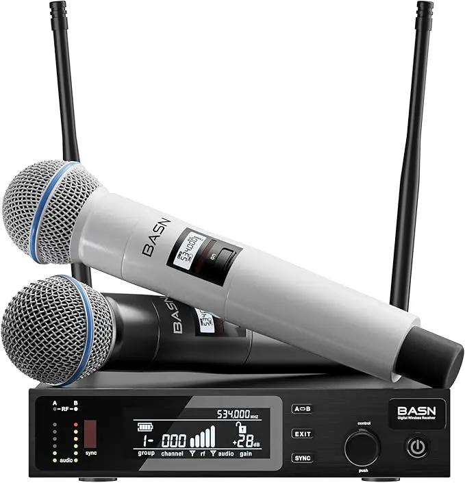 BASN Digital UHF Dual-Channel Cordless Microphone System - Alloy Handheld Mics with Receiver for Stage, Karaoke, Audio Needs