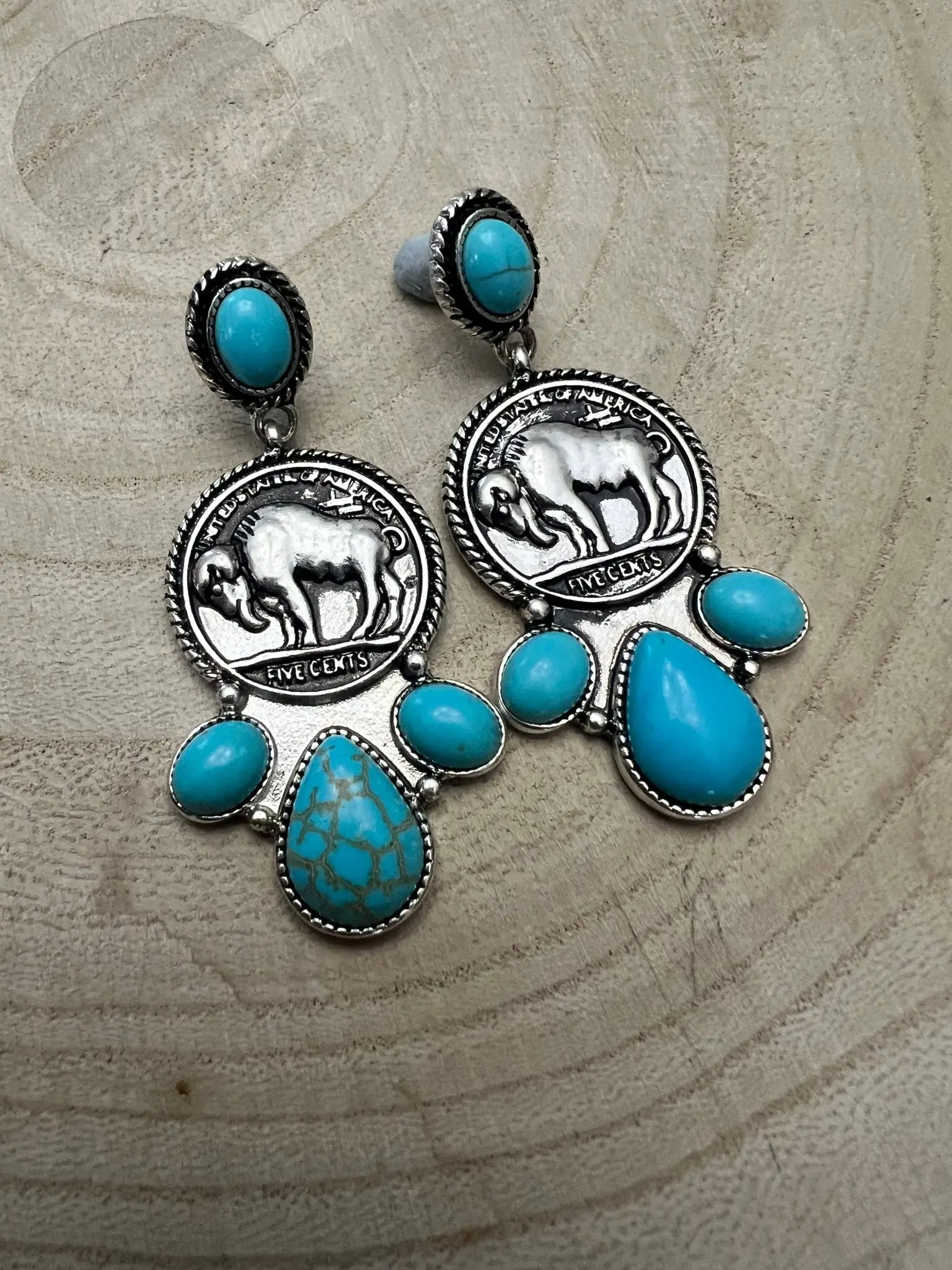 Western Buffalo Coin Cluster Earrings with Faux Turquoise — 2" Oxidized Silver Statement