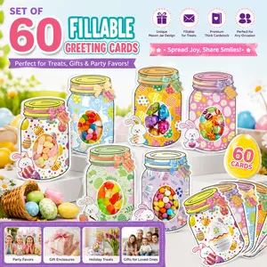 Adorable Bunny Mother's Day Father's Day Cards with Candy Pockets - Set of 60 Fillable Greeting Cards for Treats, Gifts for Mom Dad, and Family Party Favors